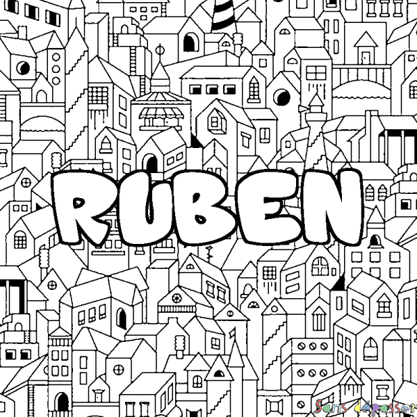 Coloriage prénom RUBEN - d&eacute;cor Ville