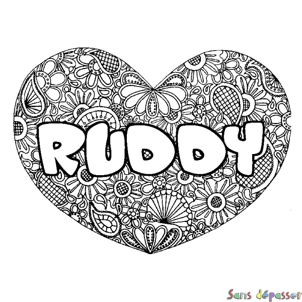 Coloriage pr&eacute;nom RUDDY - d&eacute;cor Mandala coeur