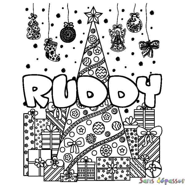 Coloriage pr&eacute;nom RUDDY - d&eacute;cor Sapin et Cadeaux