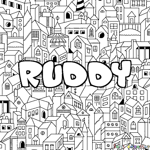 Coloriage pr&eacute;nom RUDDY - d&eacute;cor Ville