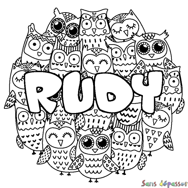 Coloriage pr&eacute;nom RUDY - d&eacute;cor Chouettes