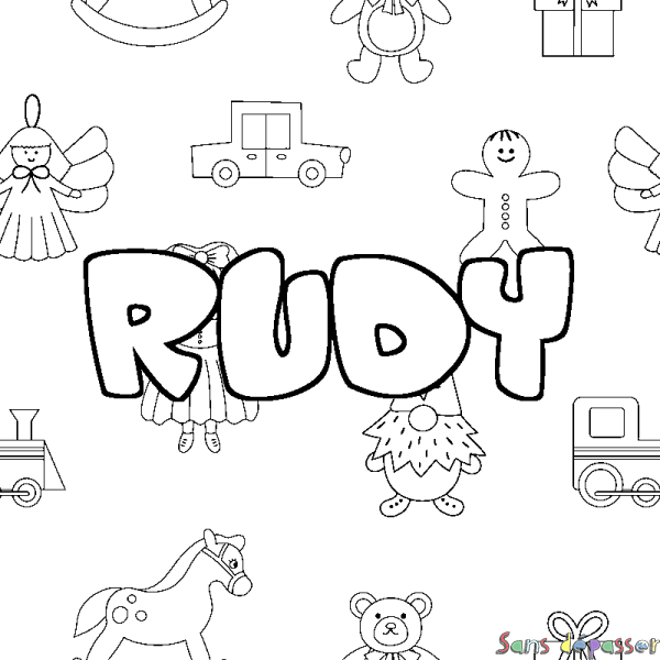 Coloriage pr&eacute;nom RUDY - d&eacute;cor Jouets
