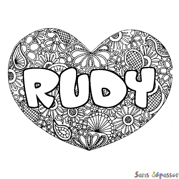 Coloriage prénom RUDY - d&eacute;cor Mandala coeur