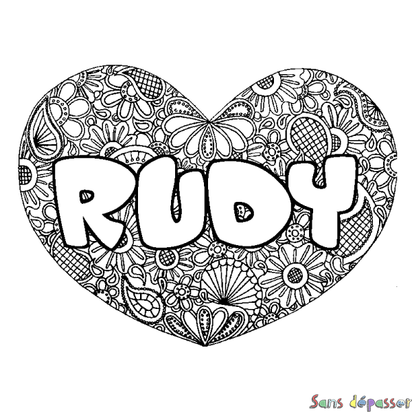 Coloriage pr&eacute;nom RUDY - d&eacute;cor Mandala coeur