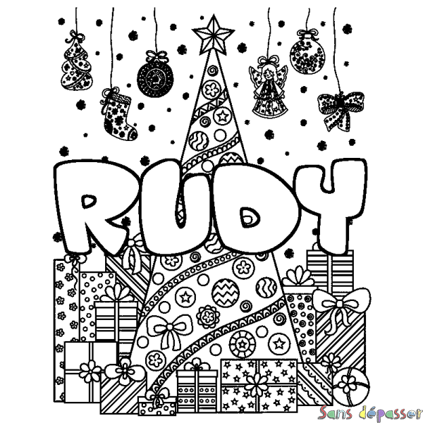Coloriage prénom RUDY - d&eacute;cor Sapin et Cadeaux