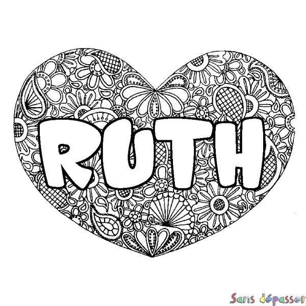 Coloriage pr&eacute;nom RUTH - d&eacute;cor Mandala coeur