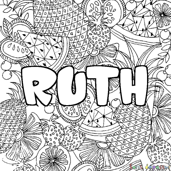 Coloriage pr&eacute;nom RUTH - d&eacute;cor Mandala fruits