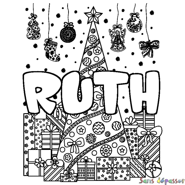 Coloriage prénom RUTH - d&eacute;cor Sapin et Cadeaux