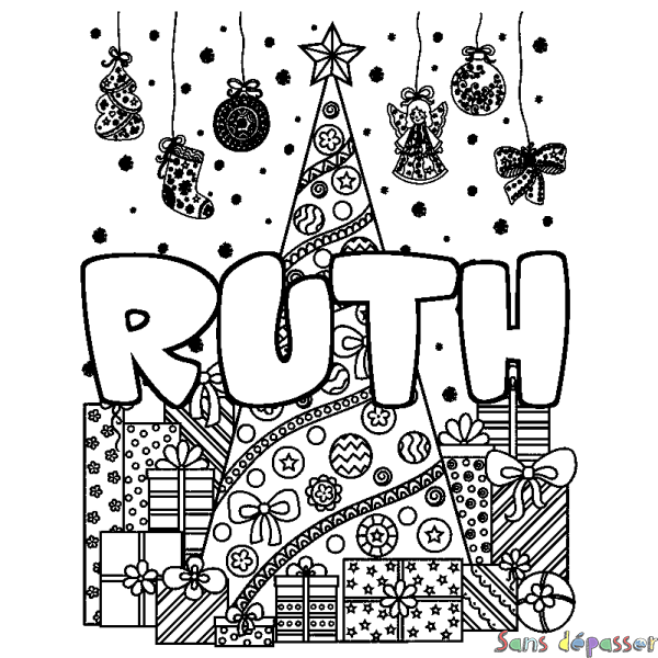 Coloriage pr&eacute;nom RUTH - d&eacute;cor Sapin et Cadeaux