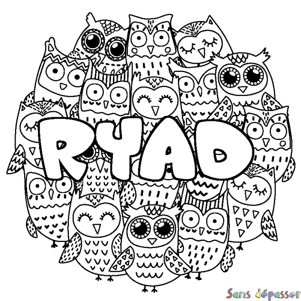Coloriage pr&eacute;nom RYAD - d&eacute;cor Chouettes