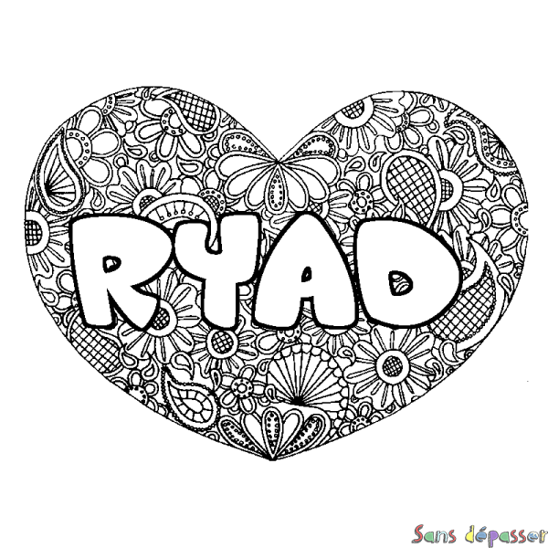 Coloriage pr&eacute;nom RYAD - d&eacute;cor Mandala coeur