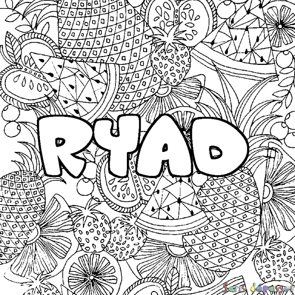 Coloriage pr&eacute;nom RYAD - d&eacute;cor Mandala fruits