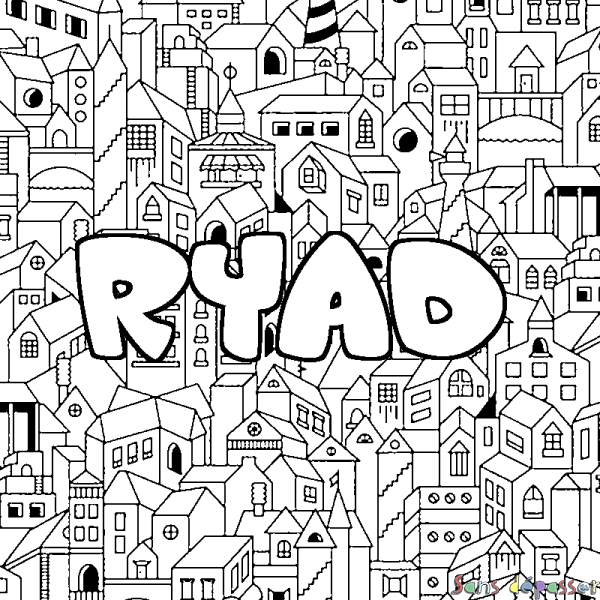 Coloriage pr&eacute;nom RYAD - d&eacute;cor Ville