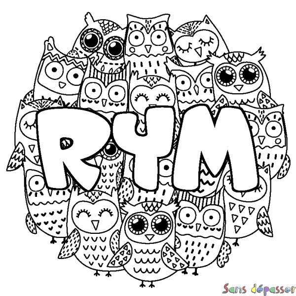 Coloriage pr&eacute;nom RYM - d&eacute;cor Chouettes