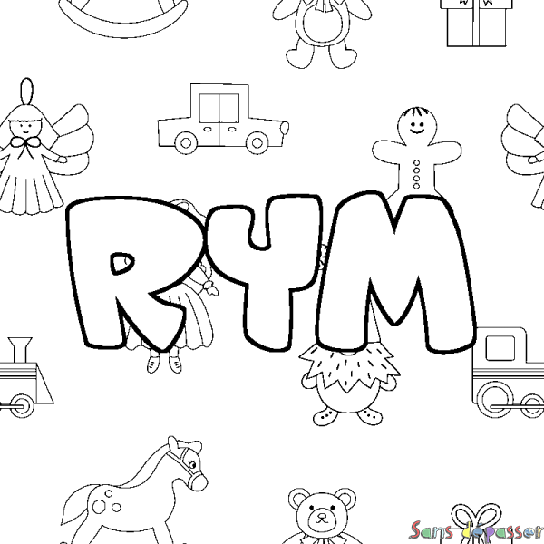 Coloriage pr&eacute;nom RYM - d&eacute;cor Jouets