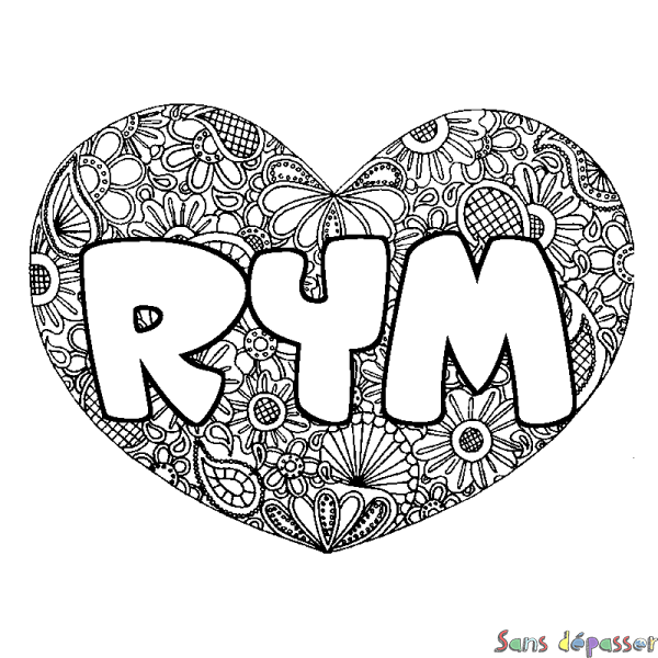 Coloriage pr&eacute;nom RYM - d&eacute;cor Mandala coeur
