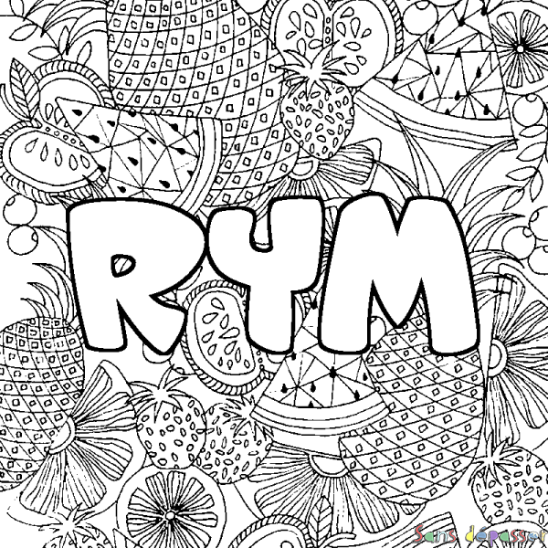 Coloriage pr&eacute;nom RYM - d&eacute;cor Mandala fruits