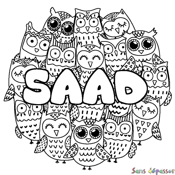 Coloriage pr&eacute;nom SAAD - d&eacute;cor Chouettes