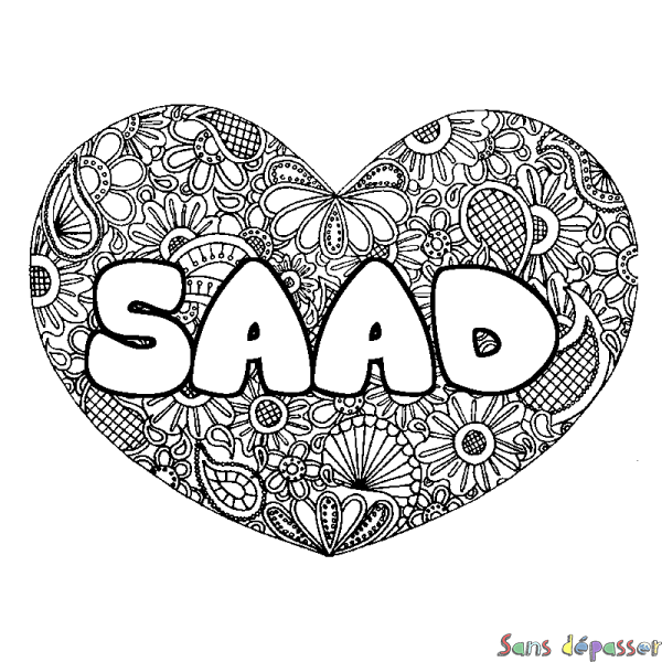 Coloriage pr&eacute;nom SAAD - d&eacute;cor Mandala coeur