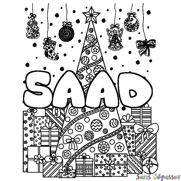 Coloriage prénom SAAD - d&eacute;cor Sapin et Cadeaux