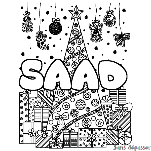 Coloriage pr&eacute;nom SAAD - d&eacute;cor Sapin et Cadeaux