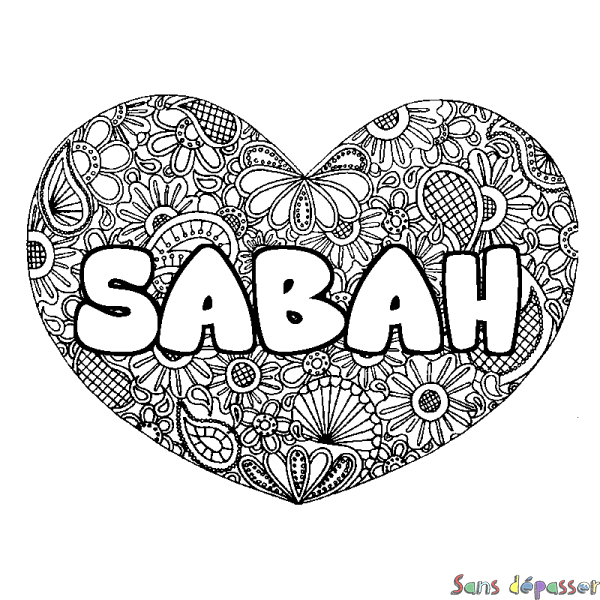 Coloriage prénom SABAH - d&eacute;cor Mandala coeur