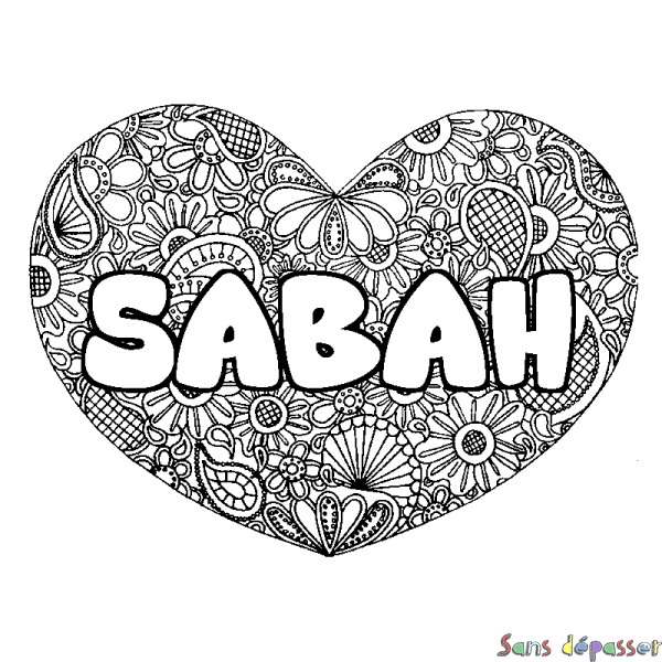 Coloriage pr&eacute;nom SABAH - d&eacute;cor Mandala coeur