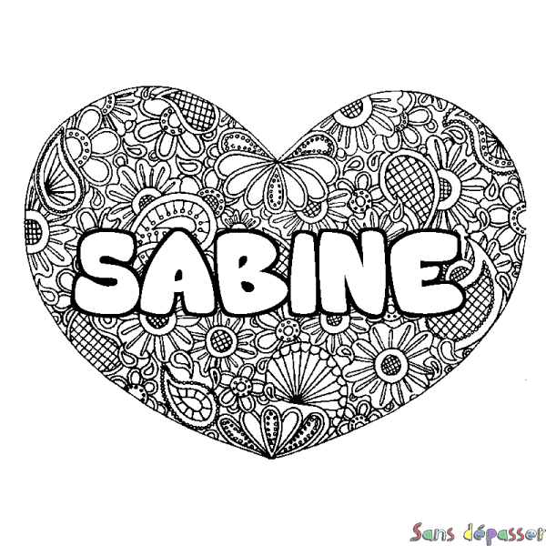 Coloriage prénom SABINE - d&eacute;cor Mandala coeur
