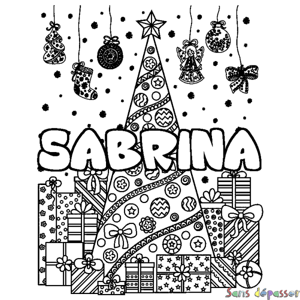 Coloriage prénom SABRINA - d&eacute;cor Sapin et Cadeaux