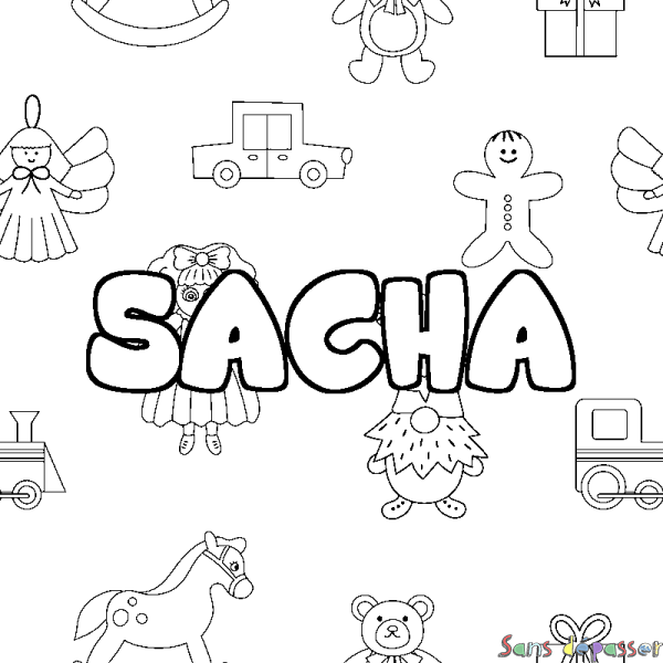 Coloriage pr&eacute;nom SACHA - d&eacute;cor Jouets