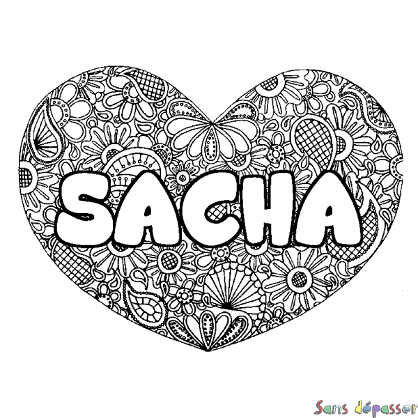Coloriage prénom SACHA - d&eacute;cor Mandala coeur