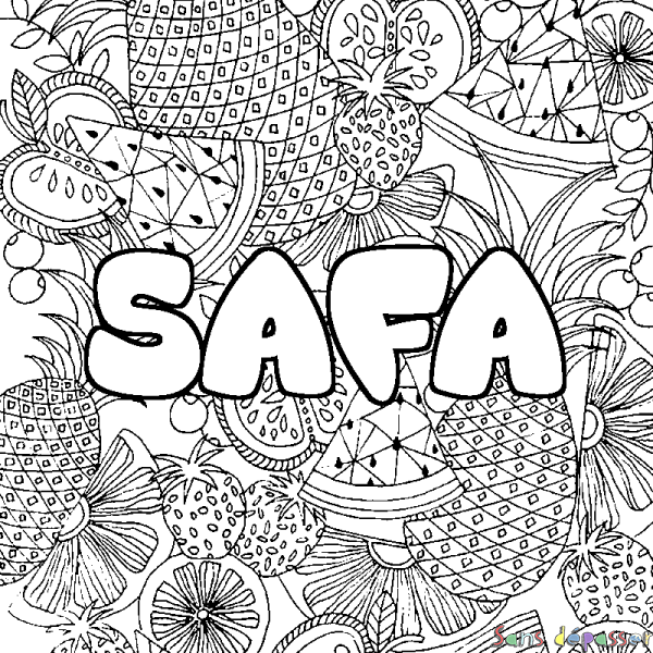 Coloriage pr&eacute;nom SAFA - d&eacute;cor Mandala fruits