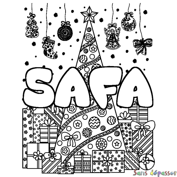 Coloriage prénom SAFA - d&eacute;cor Sapin et Cadeaux