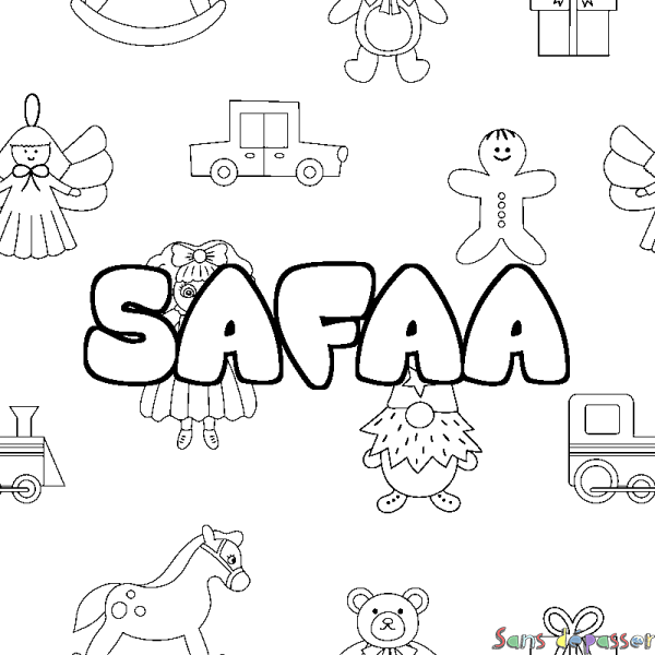 Coloriage pr&eacute;nom SAFAA - d&eacute;cor Jouets