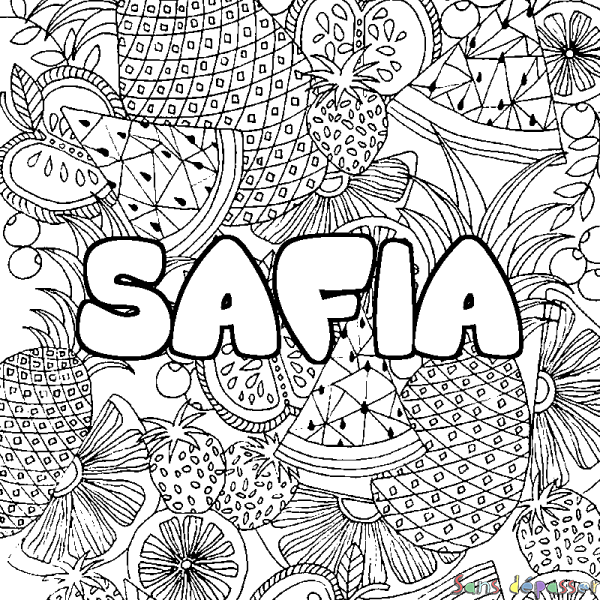 Coloriage pr&eacute;nom SAFIA - d&eacute;cor Mandala fruits