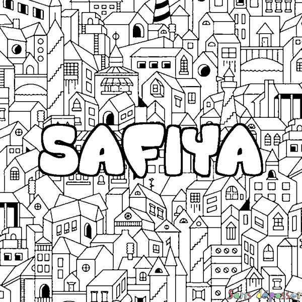 Coloriage pr&eacute;nom SAFIYA - d&eacute;cor Ville