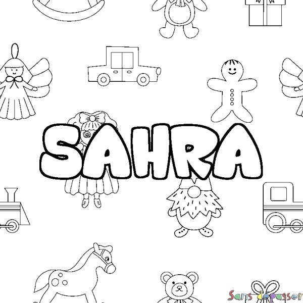Coloriage pr&eacute;nom SAHRA - d&eacute;cor Jouets