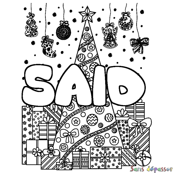 Coloriage pr&eacute;nom SAID - d&eacute;cor Sapin et Cadeaux