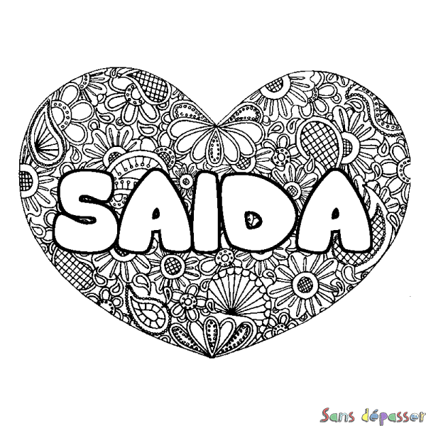 Coloriage pr&eacute;nom SAIDA - d&eacute;cor Mandala coeur