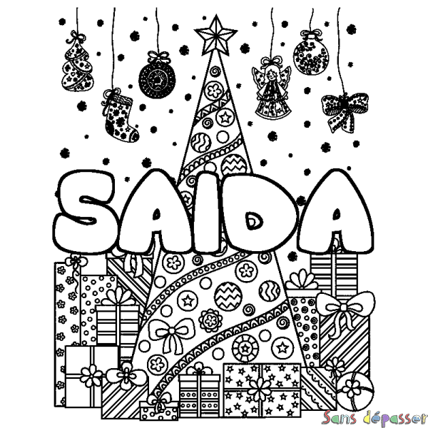 Coloriage pr&eacute;nom SAIDA - d&eacute;cor Sapin et Cadeaux