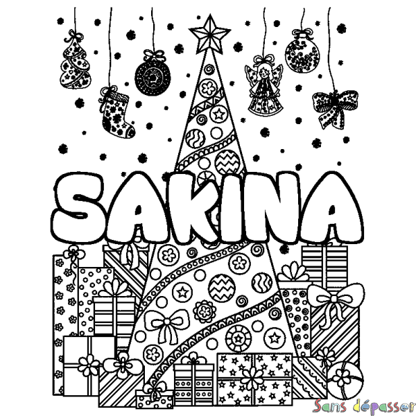 Coloriage prénom SAKINA - d&eacute;cor Sapin et Cadeaux