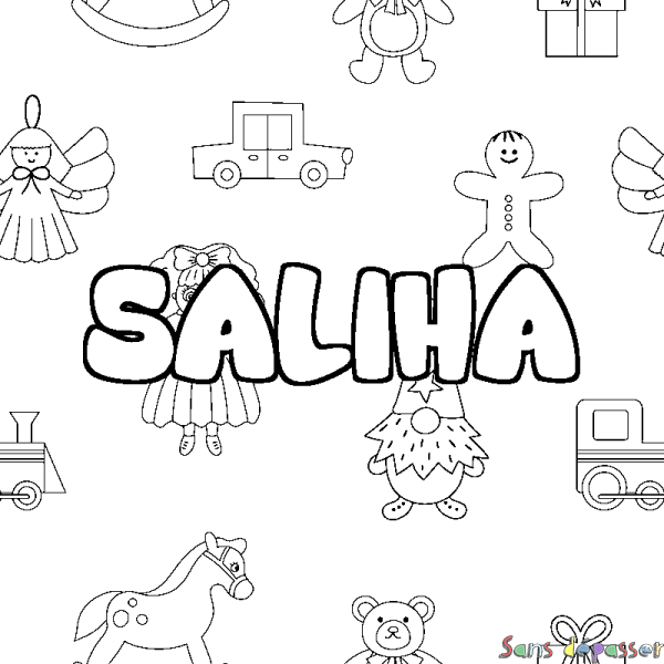 Coloriage pr&eacute;nom SALIHA - d&eacute;cor Jouets