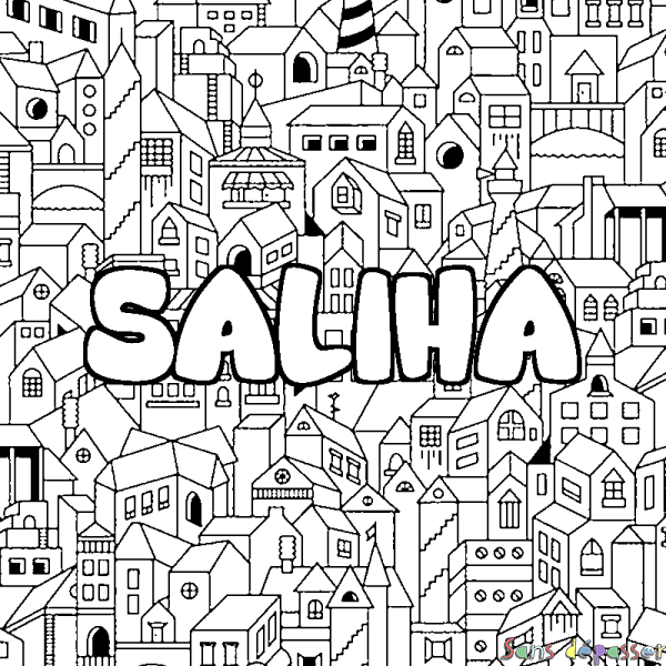 Coloriage pr&eacute;nom SALIHA - d&eacute;cor Ville