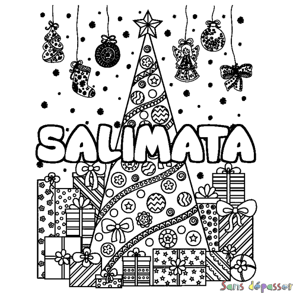 Coloriage prénom SALIMATA - d&eacute;cor Sapin et Cadeaux