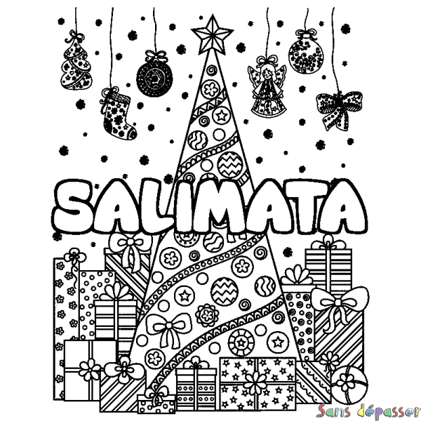 Coloriage pr&eacute;nom SALIMATA - d&eacute;cor Sapin et Cadeaux