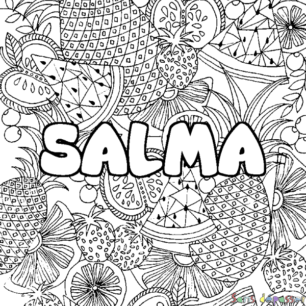 Coloriage pr&eacute;nom SALMA - d&eacute;cor Mandala fruits