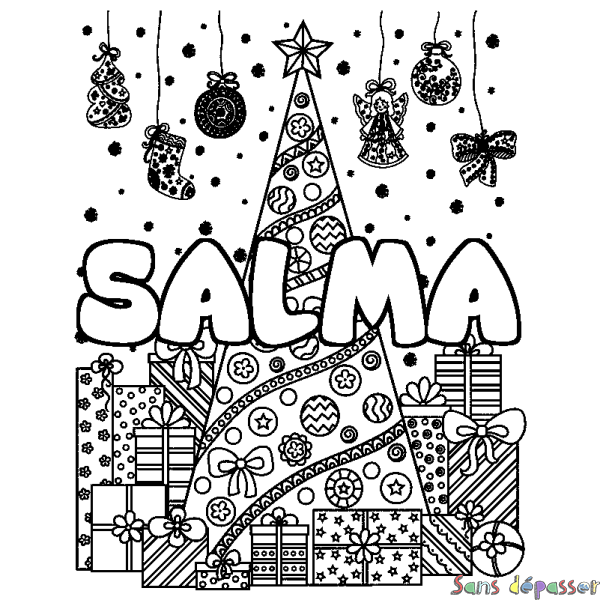 Coloriage pr&eacute;nom SALMA - d&eacute;cor Sapin et Cadeaux