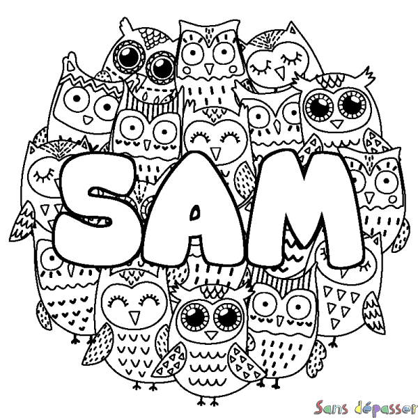 Coloriage pr&eacute;nom SAM - d&eacute;cor Chouettes
