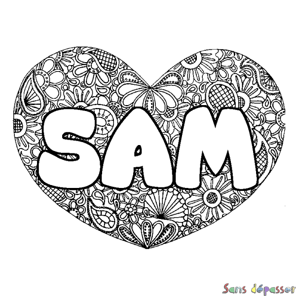 Coloriage pr&eacute;nom SAM - d&eacute;cor Mandala coeur