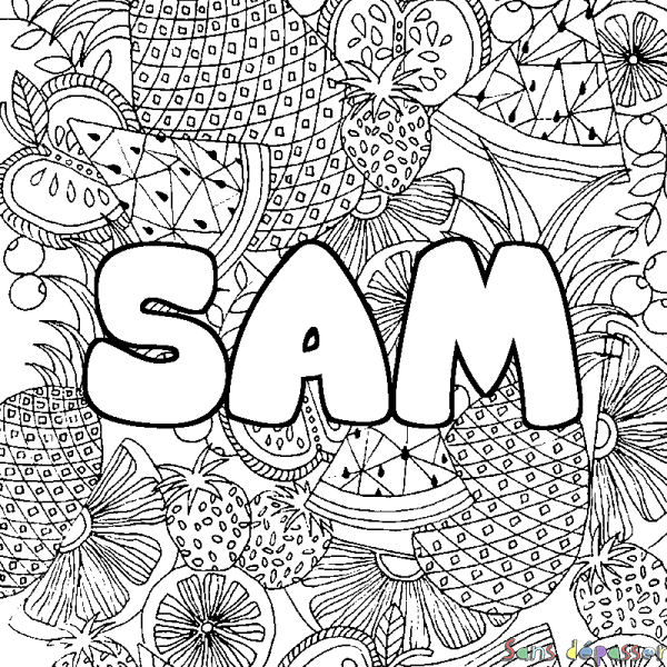 Coloriage pr&eacute;nom SAM - d&eacute;cor Mandala fruits